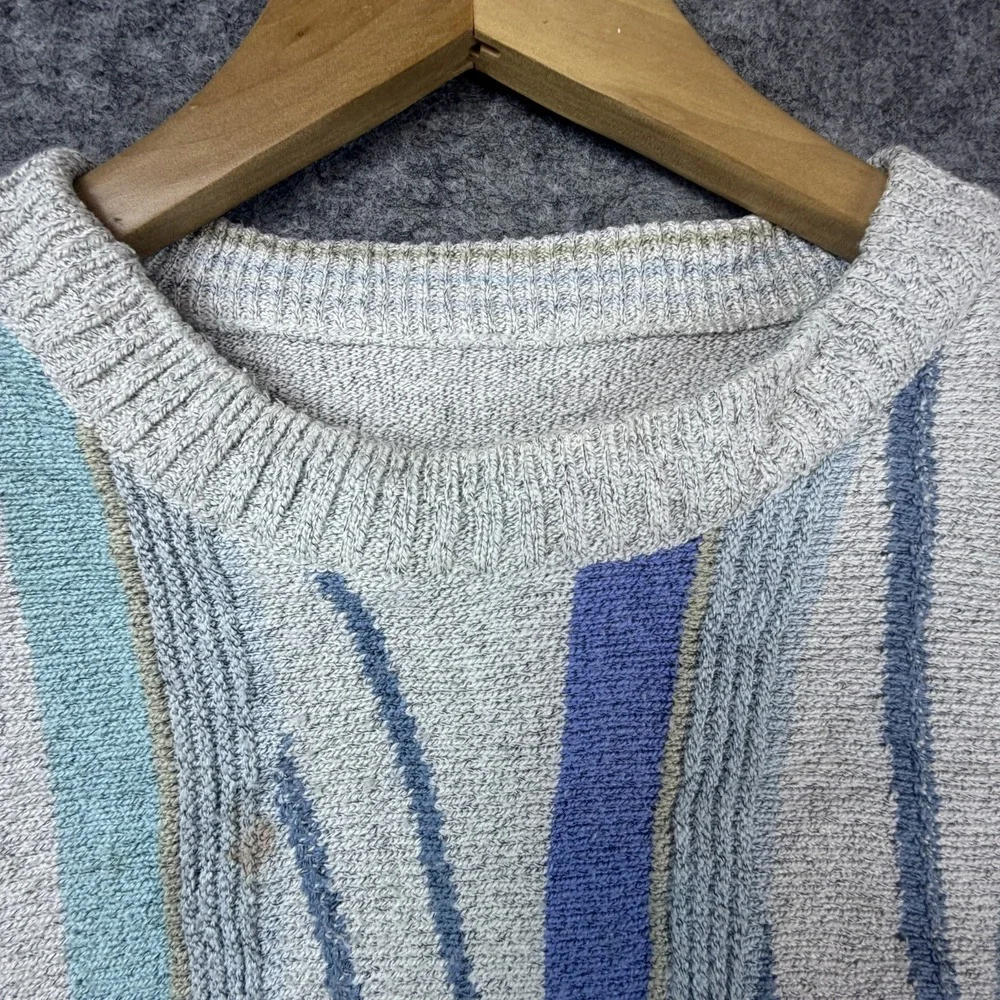 Vintage Sweater Men Medium Gray Blue Retro 80s Cosby Dad Wavy Vertical Stripe
